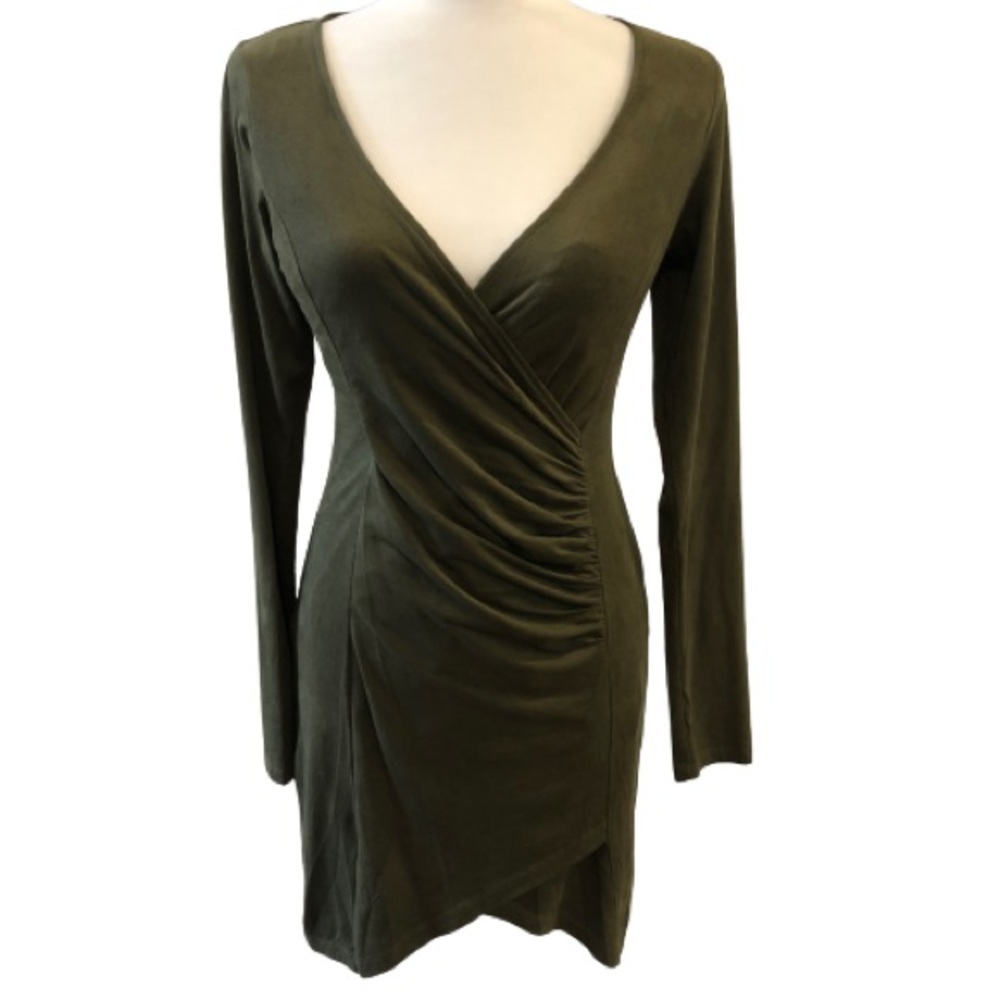 Solemio asymmetrical hem faux suede olive green long sleeve bodycon v-neck dress - Picture 1 of 13